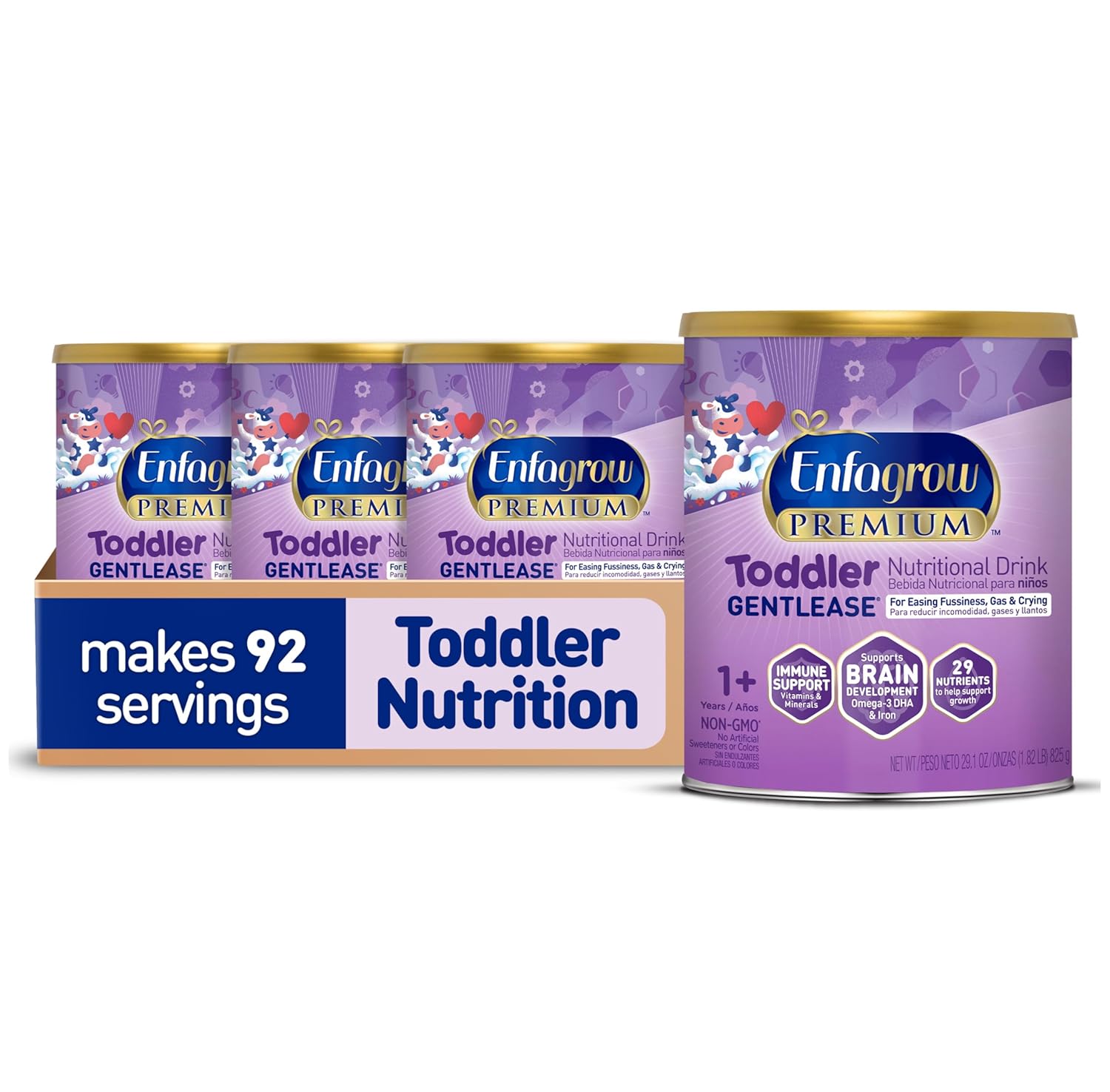 Enfagrow Premium Gentlease Toddler Nutritional Drink, Made With Real Milk, Designed To Ease Fussiness, Gas & Crying, Brain-Building Omega-3, Nutrients For Growth & Immune Support, Powder Can, 29.1 Oz