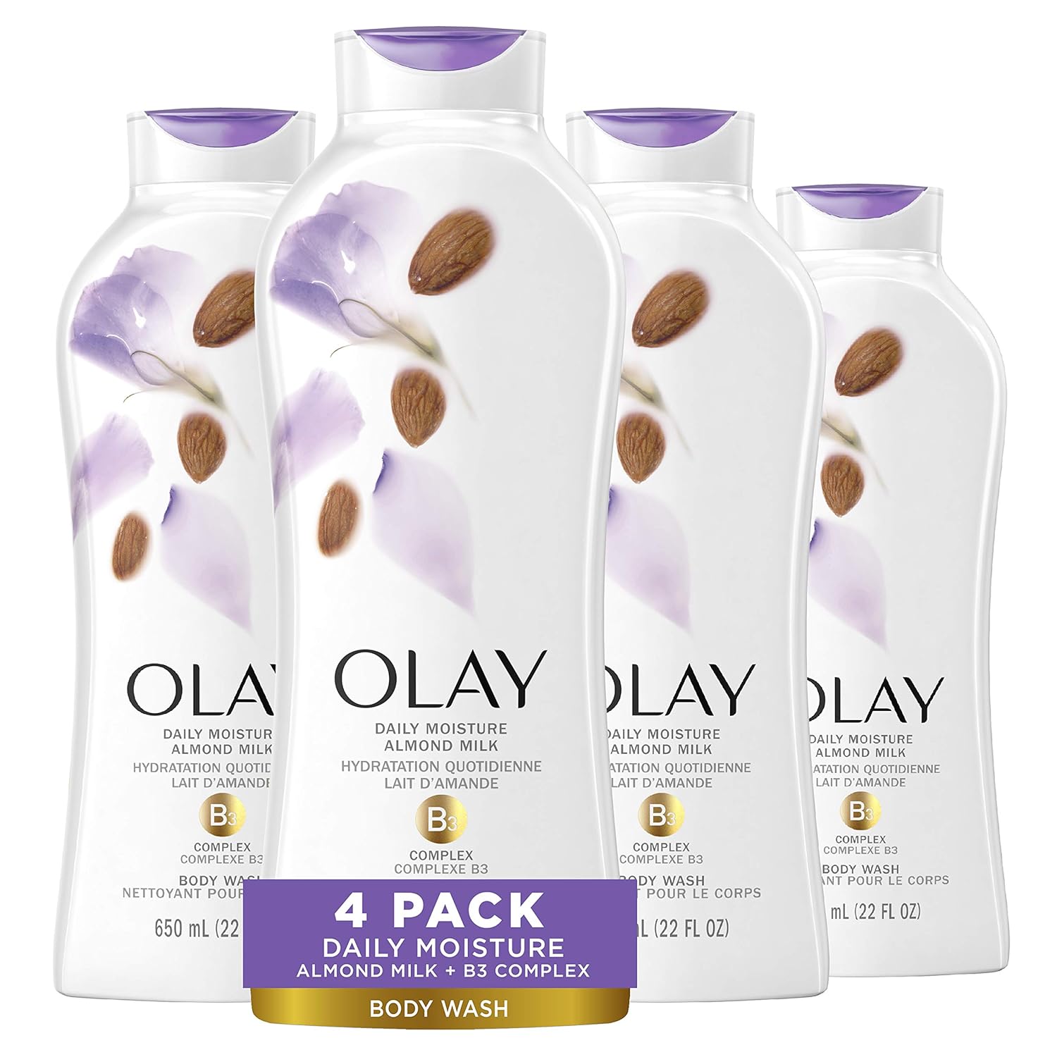 Olay Body Wash For Women, Daily Moisture With Almond Milk Body Wash, 22 Oz, (4 Count)