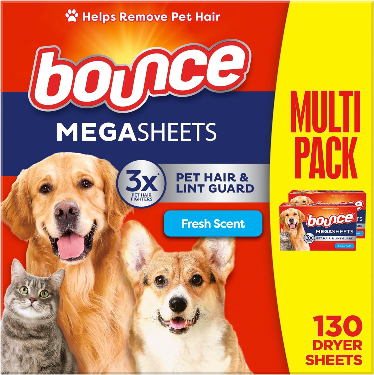 Bounce Pet Hair And Lint Guard Mega Dryer Sheets With 3X Pet Hair Fighters, Fresh Scent, 130 Count (Packaging May Vary)