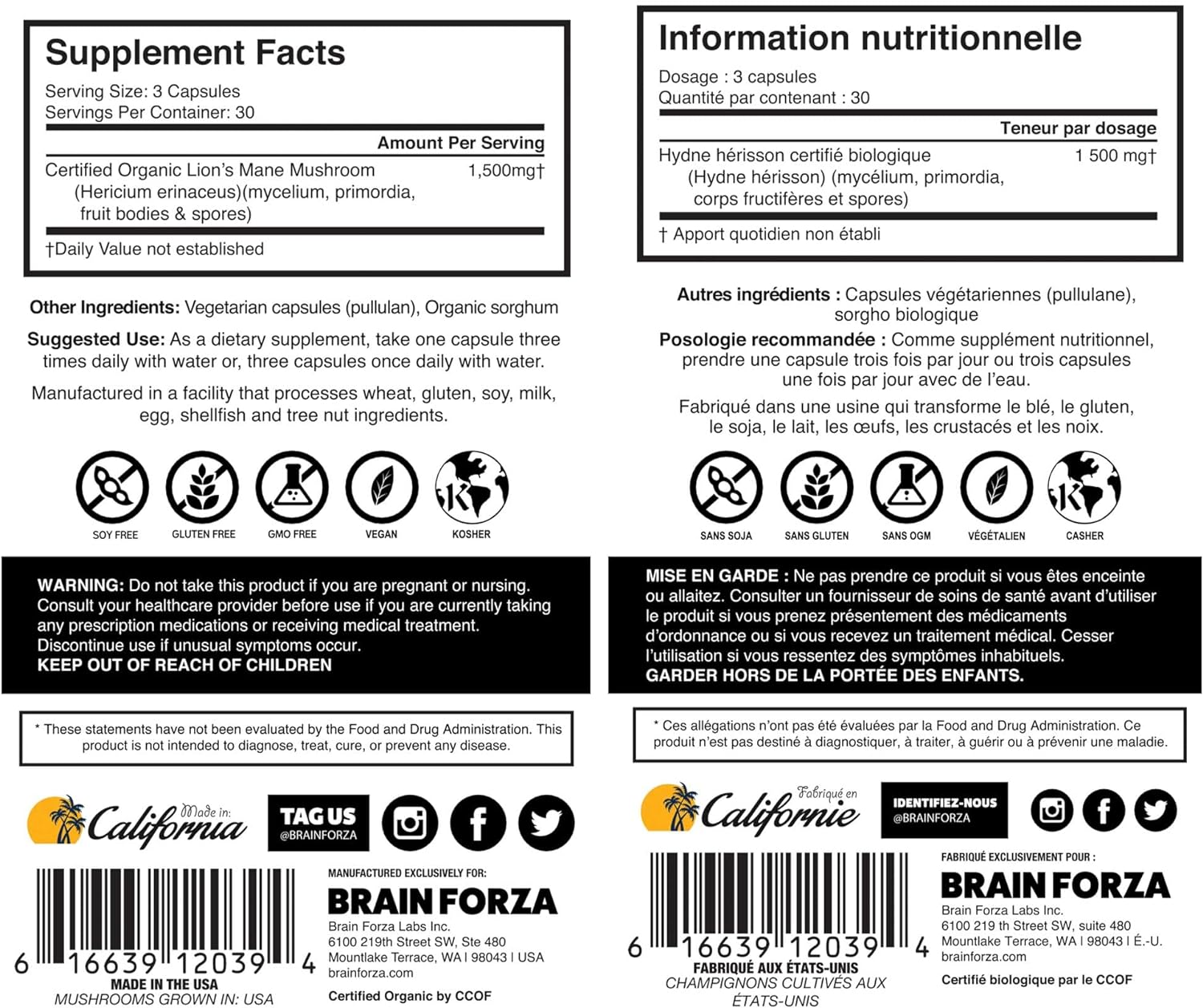 Brain Forza Organic Lion's Mane Mushroom Capsules, Natural Supplement for Memory Support, Focus, Clarity, Nerve Health, Non-GMO, Vegan, Organic, 90 Capsules : Health & Household