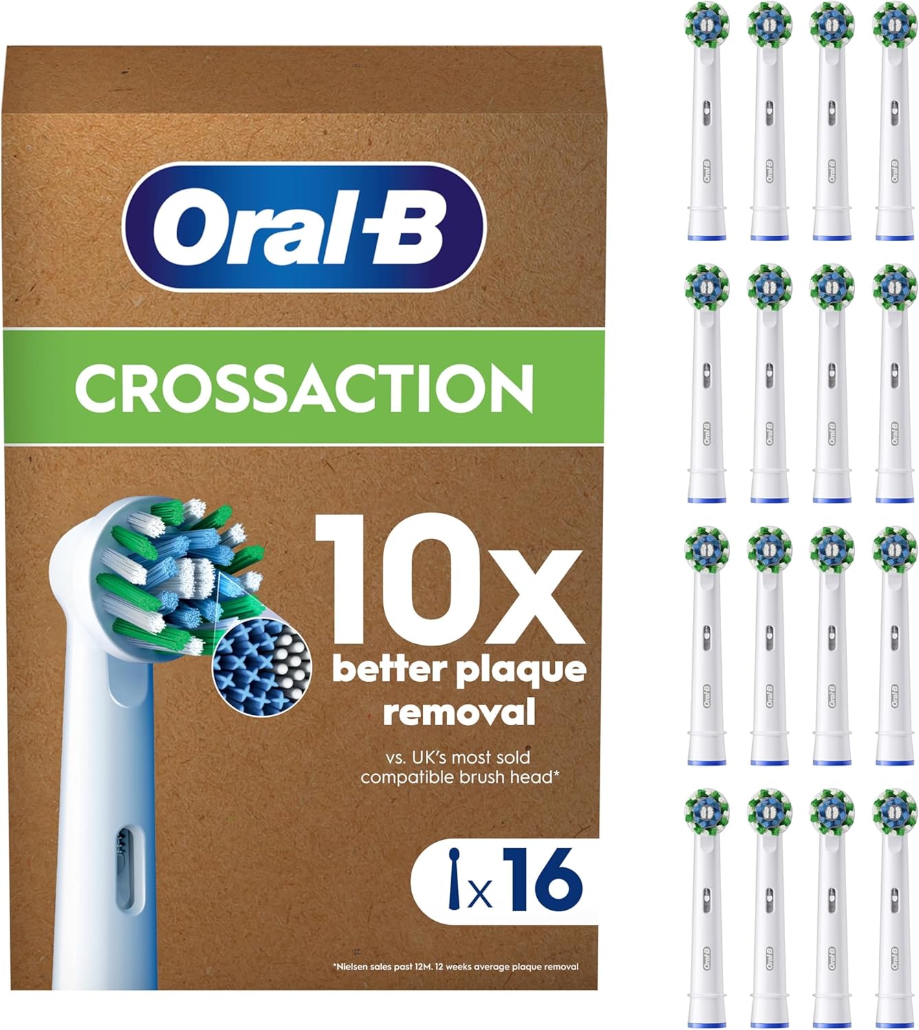 Oral-B Pro Cross Action Original Electric Toothbrush Head, X-Shape And Angled Bristles For Deeper Plaque Removal, Pack Of 16 Toothbrush Heads, Suitable For Mailbox, White