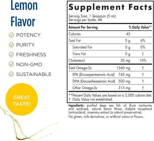 Nordic Naturals Arctic Omega, Lemon Flavor - 8 oz - 1560 mg Omega-3 - Fish Oil - EPA & DHA - Immune Support, Brain & Heart Health, Optimal Wellness - Non-GMO - 48 Servings