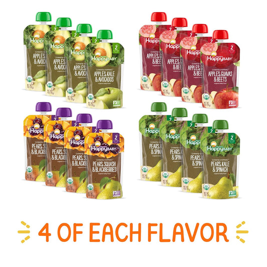Happy Baby Organics Stage 2 Baby Food Pouches, Gluten Free, Vegan & Healthy Snack, Clearly Crafted Fruit & Veggie Puree, Fruit & Veggie Variety Pack, 4 Ounces (Pack Of 16), Amazon Exclusive