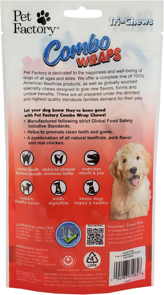 Pet Factory Combo Wraps Pork Flavored Beefhide 5" Twist Sticks Dog Chew Treats W/ Real Chicken Meat Wrap - 10 Count/1 Pack