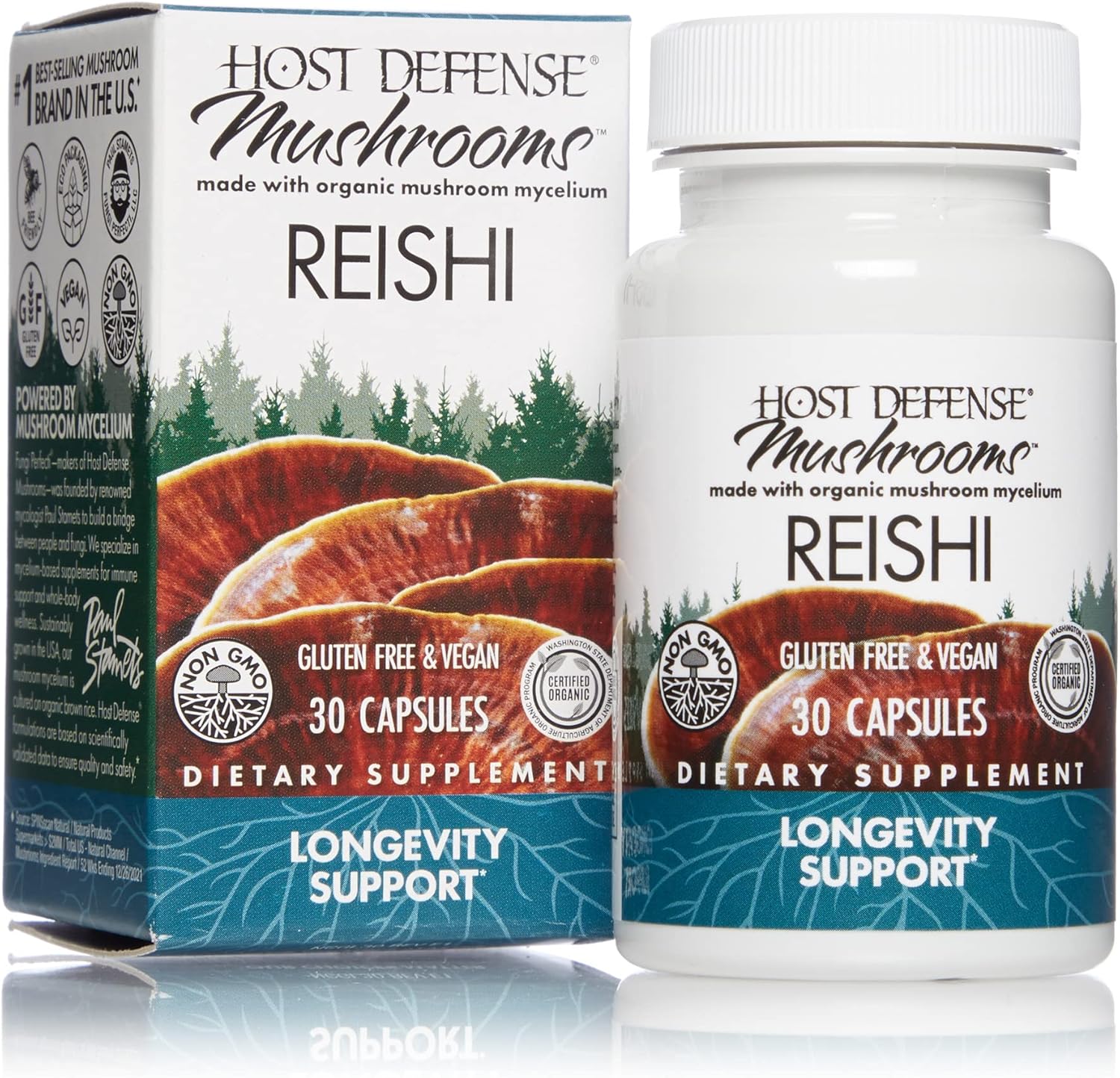 Host Defense, Reishi Capsules, Supports General Wellness and Vitality, Mushroom Supplement, Unavored, 30 Count (Pack of 1)