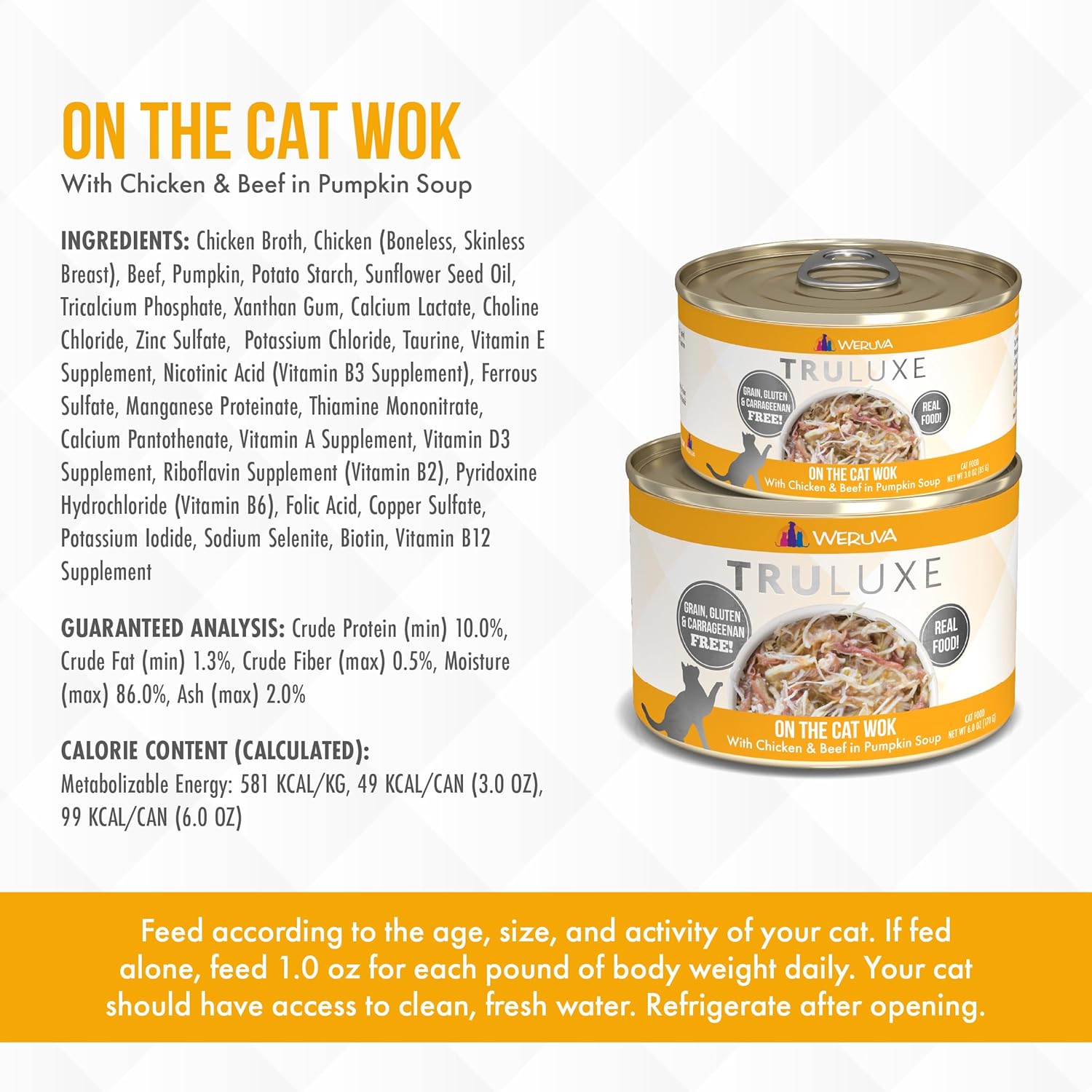 Weruva TruLuxe Cat Food, On The Cat Wok with Chicken Breast & Beef in Pumpkin Soup, 6oz Can (Pack of 24) : Pet Supplies