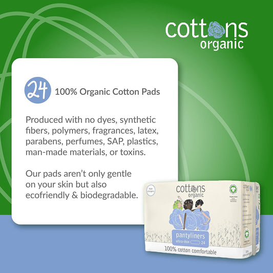 Cottons Organic Panty Liners | 24-Individually Wrapped Panty Liners | Chlorine Free | Unscented | Certified Organic Cotton | Light Absorbency (1 Pack of 24)