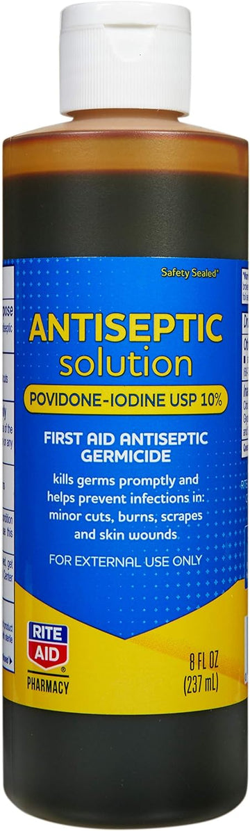 Rite Aid Antiseptic Solution Povidone-Iodine USP 10% - 8 fl oz | First Aid Antiseptic Germicide | Iodine for Wounds | Wound Wash | Antiseptic Soap | Liquid Antiseptic Wash (Packaging May Vary)