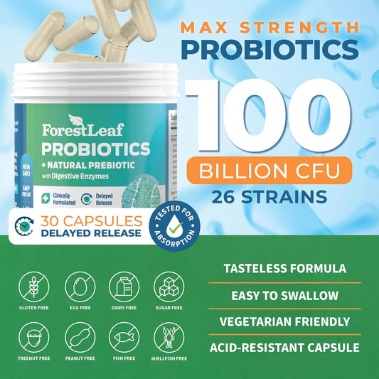 Forestleaf Clinically Studied Probiotics 100 Billion Cfu, 26 Strains With Organic Prebiotic Blend & Digestive Enzymes - Probiotic Prebiotic For Men & Women - Probiotics Digestive Health 30 Capsules