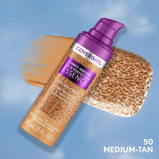 Covergirl Simply Ageless Skin Perfector Essence Foundation, 50 Medium-Tan, Tinted Skincare Makeup Hybrid, Sheer Tint, Radiant Finish, Glowy Finish, Vegan Formula, 1.0Oz