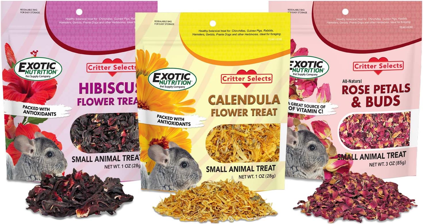 Exotic Nutrition Flower Treat 3 Pack - Healthy Assortment - Hibiscus, Calendula, Rose - For Squirrels, Guinea Pigs, Rabbits, Chinchillas, Prairie Dogs, Degus, Hamster, Gerbils, & Other Herbivores