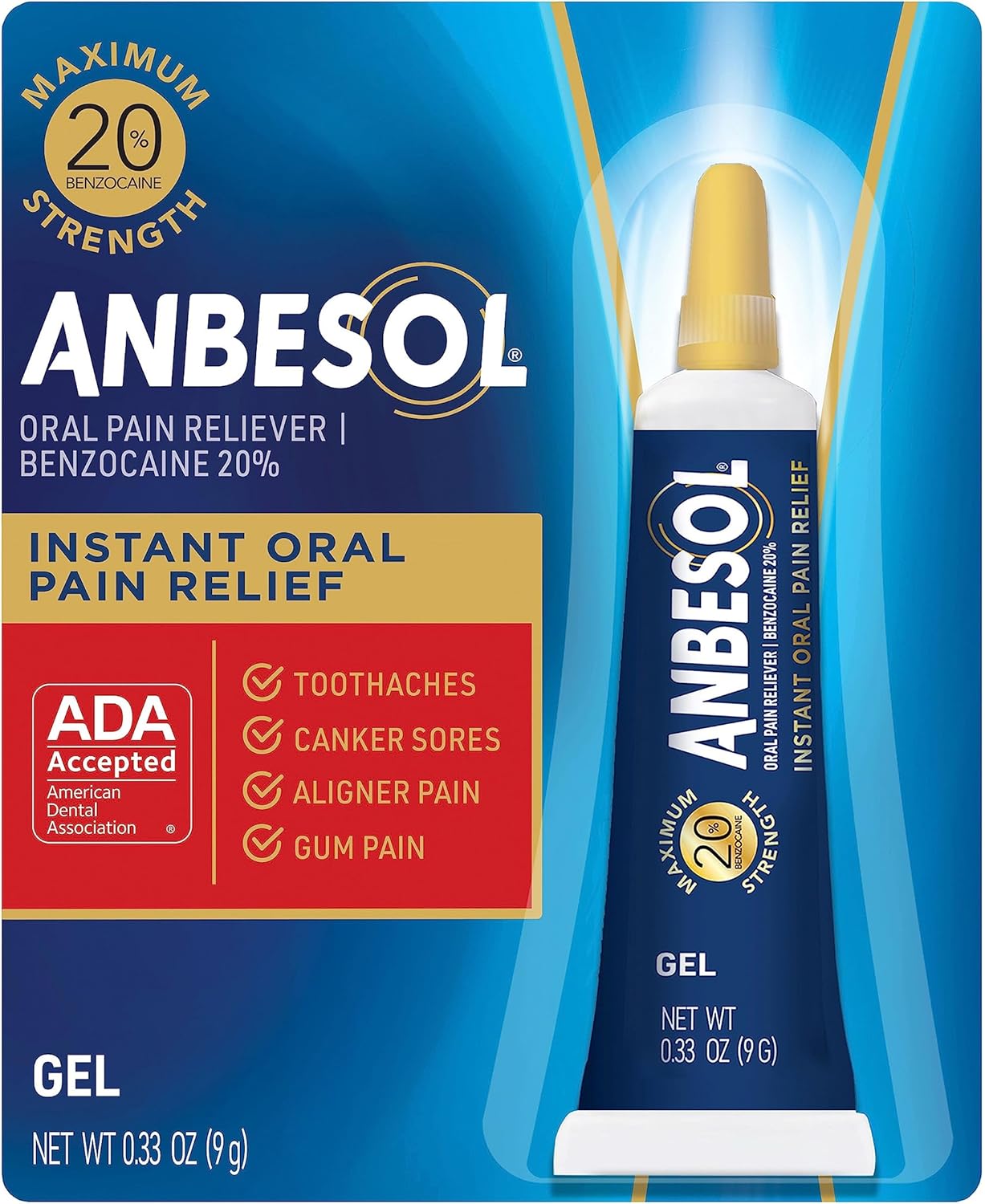 Anbesol Maximum Strength Oral Pain Relief Gel, Instant Pain Relief For Toothache Pain, Canker Sores, Sore Gums, Mouth Sores, Denture Pain, And Aligner Pain, Ada Accepted, 0.33 Oz (Packaging May Vary)