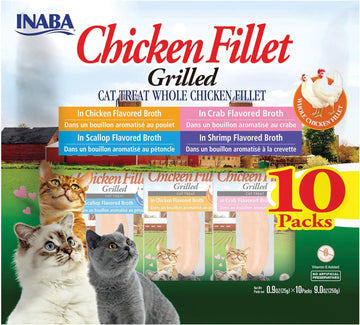 INABA Natural, Premium Hand-Cut Grilled Chicken Fillet Cat Treats/Topper/Complement with Vitamin E and Green Tea Extract, 0.9 Ounces Each, 10 Pack, Variety Pack