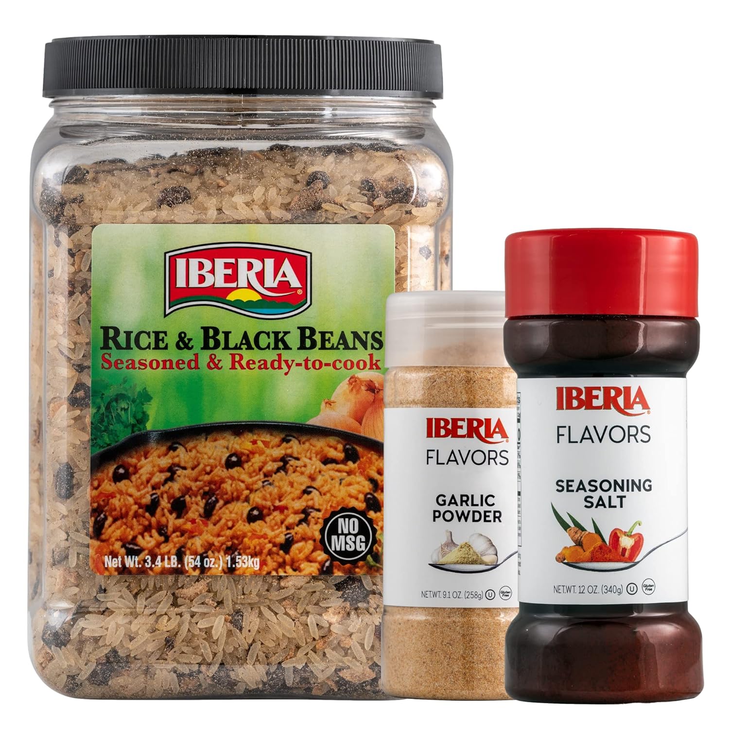 Iberia Seasoning Salt, 12 Oz + Iberia Garlic Powder, 9.1 Oz + Iberia Rice and Black Beans Jar 3.4 lb. : Grocery & Gourmet Food