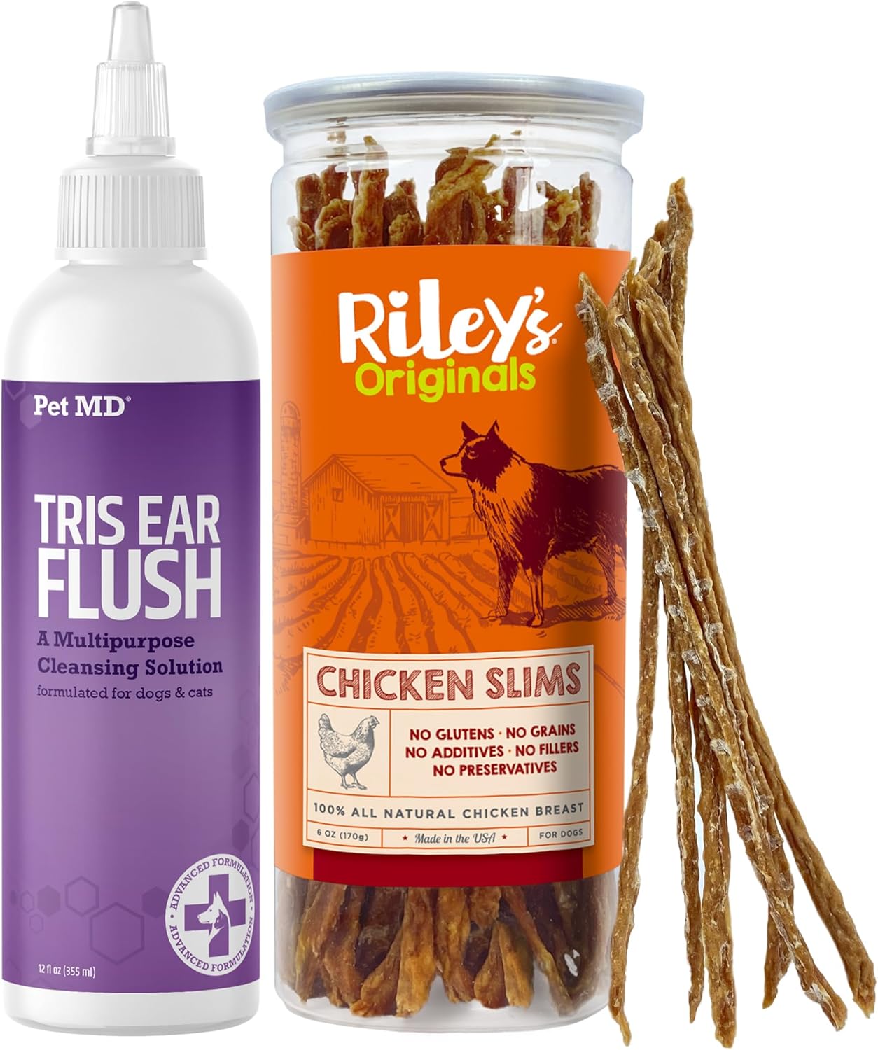 Pet Md Veterinary Tris Flush Dog Ear Cleaner + Riley'S Chicken Strips For Dogs