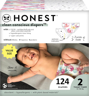 The Honest Company Clean Conscious Diapers | Plant-Based, Sustainable | Young At Heart + Rose Blossom | Super Club Box, Size 2 (12-18 Lbs), 124 Count