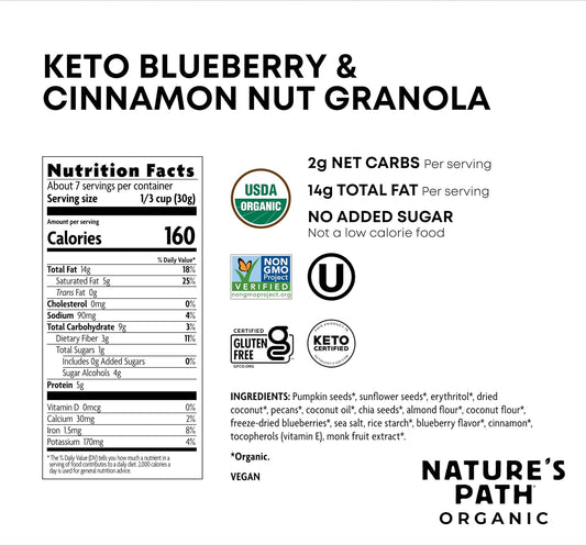 Nature's Path Organic Keto Crunch Blueberry and Cinnamon Nut Granola, 8 Ounce (Pack of 6), Keto Certified, Non-GMO, Gluten Free, 1g Net Carbs, 5g Plant Based Protein