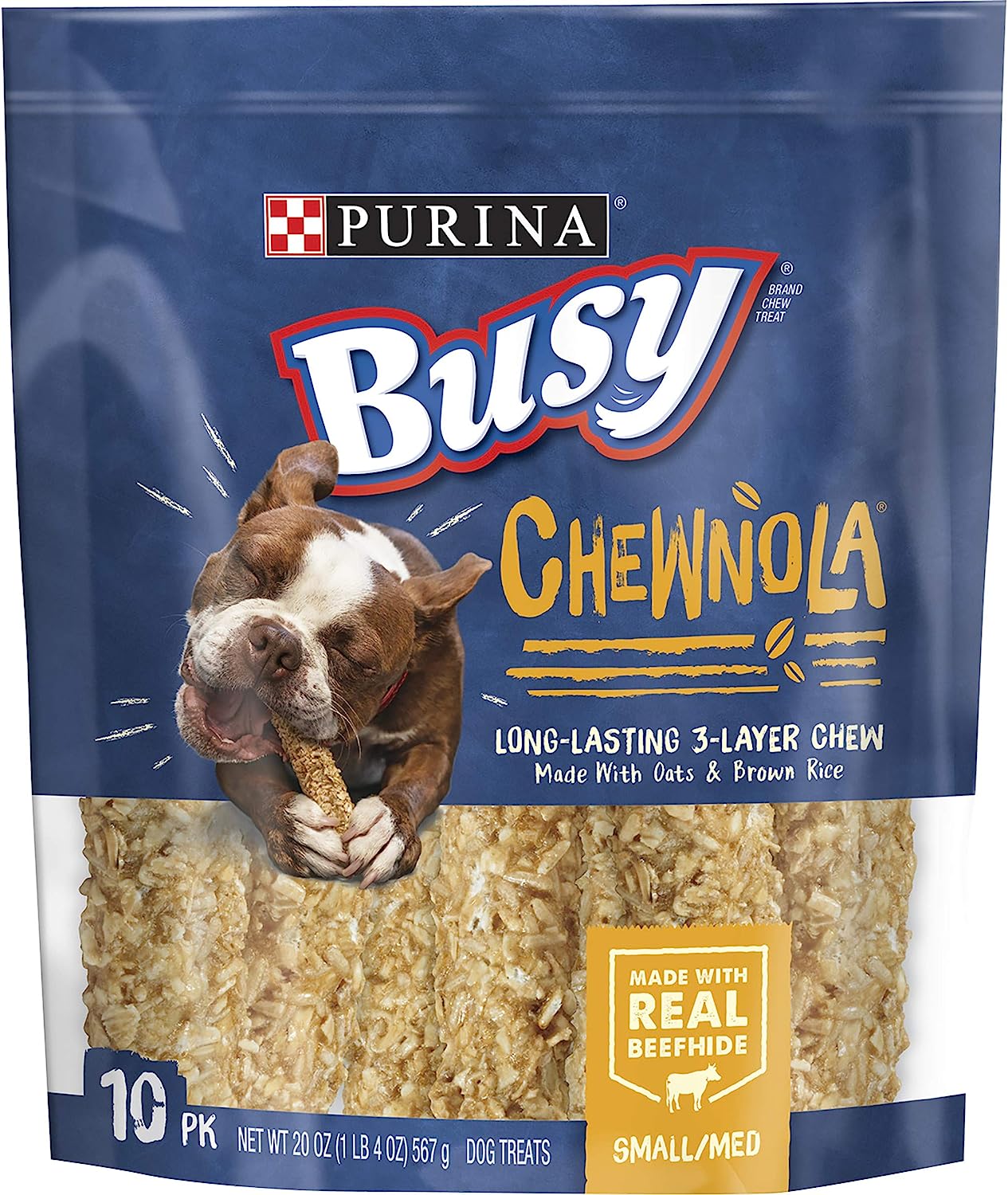 Purina Busy Rawhide Small/Medium Breed Dog Bones, Chewnola with Oats & Brown Rice - 10 ct. Pouch