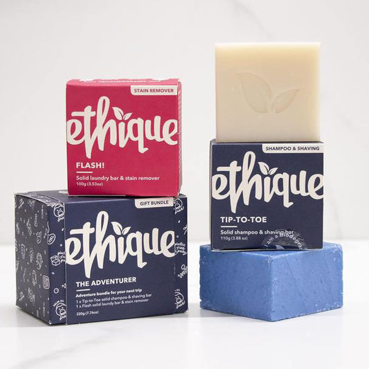 Ethique The Adventurer Gift Pack For Travelers - Shampoo, Laundry, Shaving & Stain Remover Bundle - Plastic-Free, Vegan, Cruelty-Free, Eco-Friendly, 7.4 Oz (Pack Of 1)