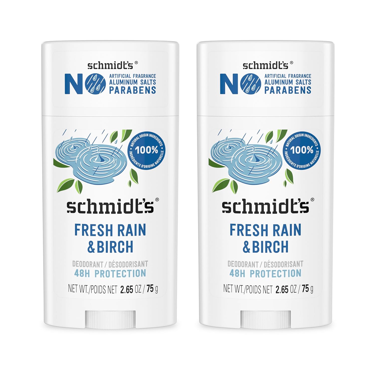 Schmidt'S Aluminum-Free Vegan Deodorant Fresh Rain & Birch With 24 Hour Odor Protection, 2 Count For Women And Men, Natural Ingredients, Cruelty-Free, 2.65 Oz