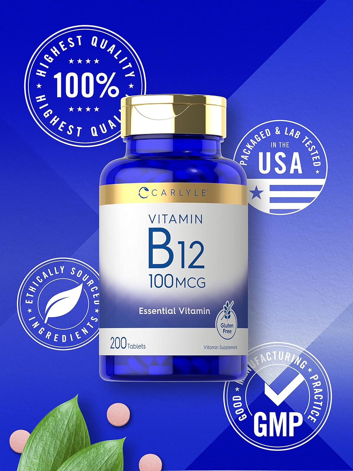 Carlyle Vitamin B12 100mcg | 200 Tablets | Essential Vitamin Supplement | Vegan, Non-GMO, and Gluten Free Formula : Health & Household