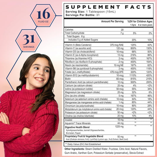 Best Nest Wellness Kids Liquid Multivitamin: Methylated Vitamins, Whole Food, Vegan, B12, Gluten-Free, Non-Gmo Methylfolate Daily Kids Multivitamin Liquid With Brain Support, Tropical Flavor, 16Oz