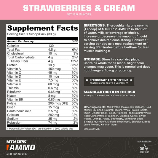 Mtn Ops Ammo Protein Powder Meal Replacement Shake For Lean Muscle Building, Strawberries & Cream Flavor, 28 Servings