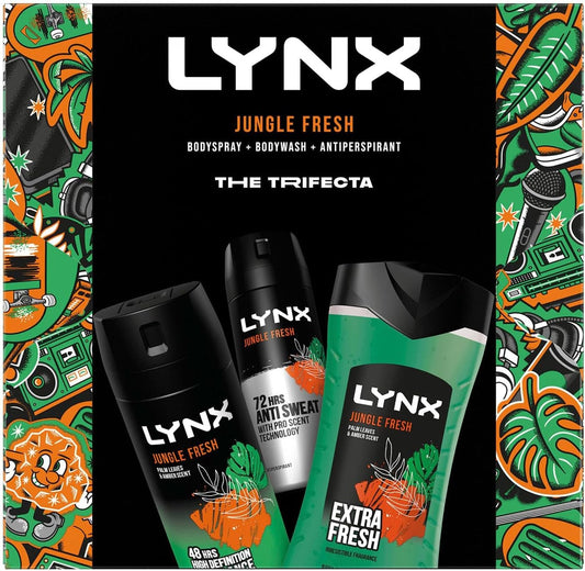 Lynx Jungle Fresh The Trifecta 3-In-1 Body Wash 225 Ml, 48Hrs High Definition Body Spray 150 Ml & 72Hrs Antiperspirant 150 Ml 3 Pieces Gift Set For Him,2Pk