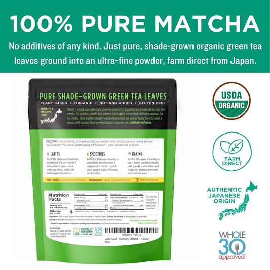 Jade Leaf Matcha Organic Green Tea Powder - Culinary Grade Premium Second Harvest - Authentic Japanese Origin (1.06 Ounce Resealable Pouch)