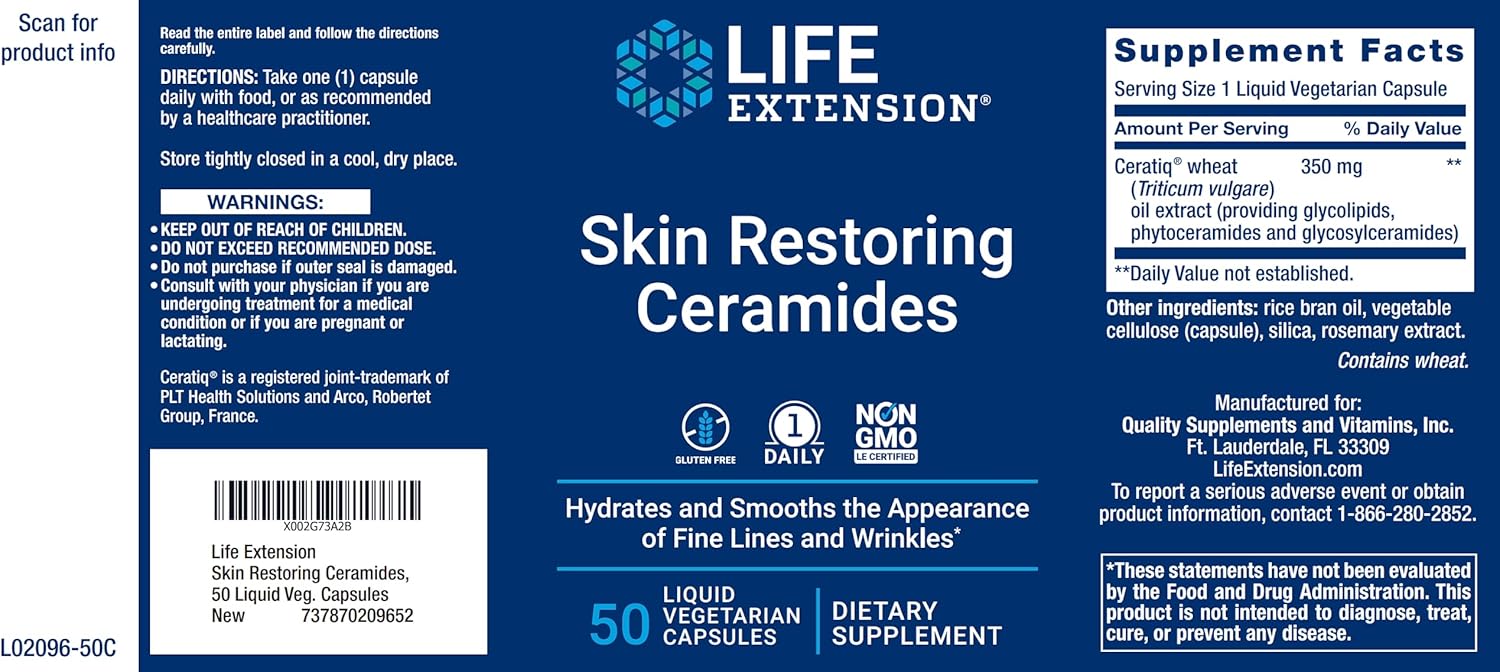 Life Extension Skin Restoring Ceramides, 50 Liq Veg Caps (Pack of 2) - Non-GMO, Vegan Phytoceramide Supplement