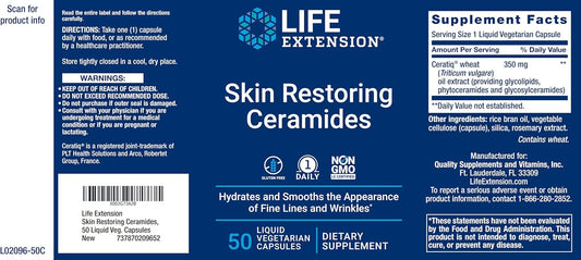 Life Extension Skin Restoring Ceramides, 50 Liq Veg Caps (Pack of 2) - Non-GMO, Vegan Phytoceramide Supplement