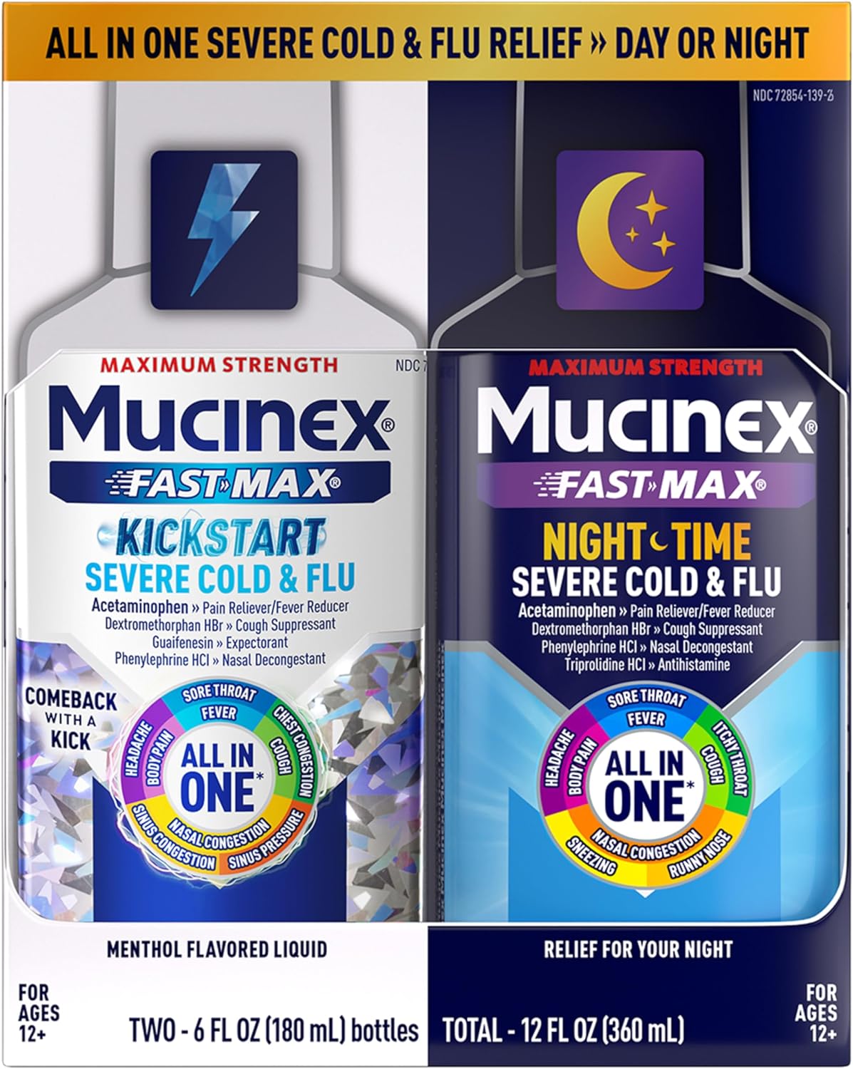 Mucinex Fast-Max Kickstart & Night Time Severe Cold And Flu Medicine For Adults, Cough Medicine For Adults, Liquid Cold Medicine Day & Night Combo Pack, 2X6 Fl Oz