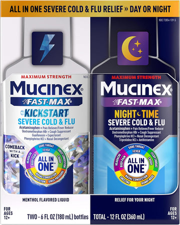 Mucinex Fast-Max Kickstart & Night Time Severe Cold And Flu Medicine For Adults, Cough Medicine For Adults, Liquid Cold Medicine Day & Night Combo Pack, 2X6 Fl Oz