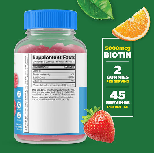 Lifeable Sugar Free Biotin Gummies 5000mcg - Great Tasting Natural Flavor Supplement Vitamins - Vegetarian GMO-free Chewable - for Hair, Skin and Nails Support - for Men, Women and Teens - 90 Gummies