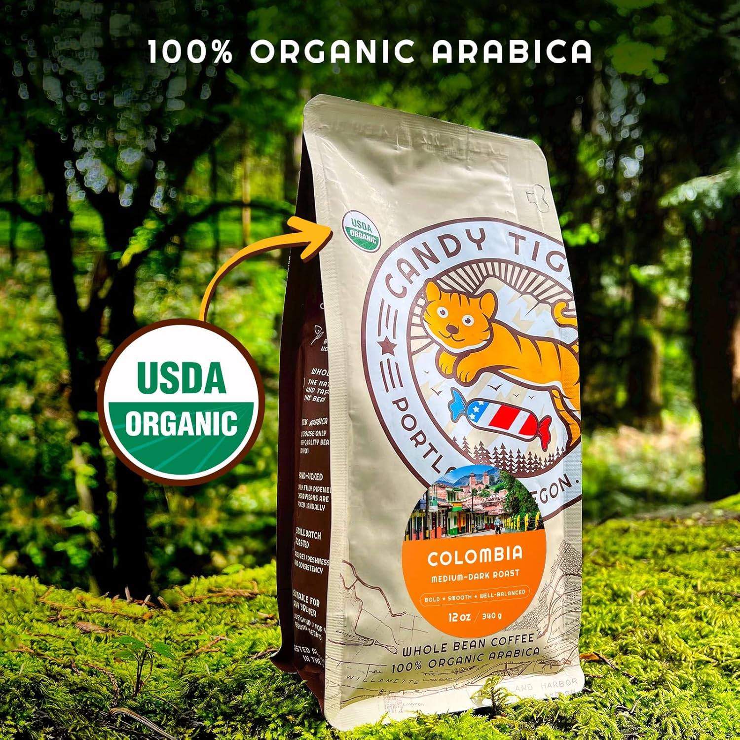 Candy Tiger Usda Organic Medium To Dark Roast Whole Bean Single Origin Coffee From Colombia. Mild Acidity, Direct Trade, Hand-Picked, Classic Artisan Roast, Gourmet Colombian Beans 2 Lb