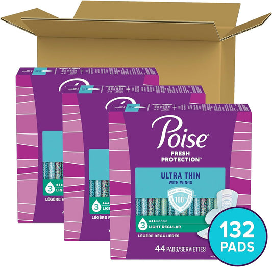 Poise Ultra Thin Incontinence Pads with Wings & Postpartum Incontinence Pads, 3 Drop Light Absorbency, Regular Length, 132 Count (3 Packs of 44), Packaging May Vary