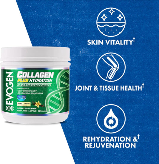 Evogen Collagen Plus Hydration - Grass-Fed Collagen For Women & Men | Collagen Peptides Powder | Collagen Powder Supporting Skin Vitality, Hydration, Joint & Tissue Health | Vanilla Bean | 30 Servings