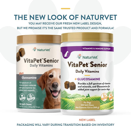 NaturVet VitaPet Senior Daily Vitamin Dog Supplements Plus Glucosamine – Includes Full-Spectrum Vitamins, Minerals – Joint Support for Older, Active Dogs – 120 Ct. Soft Chews