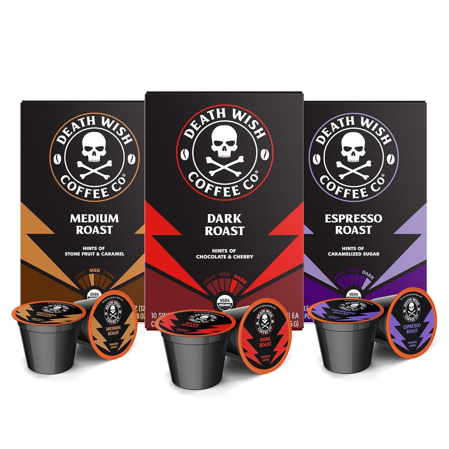 Death Wish Coffee Co., Single Serve Coffee - Extra Kick Of Caffeine - 10 Each Of Medium, Dark, And Espresso Roast - Mixed Roast Variety Pack