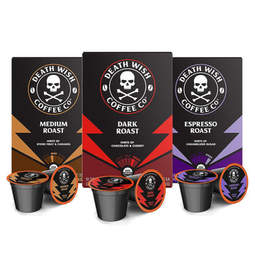 Death Wish Coffee Co., Single Serve Coffee - Extra Kick of Caffeine - 10 Each of Medium, Dark, and Espresso Roast - Mixed Roast Variety Pack