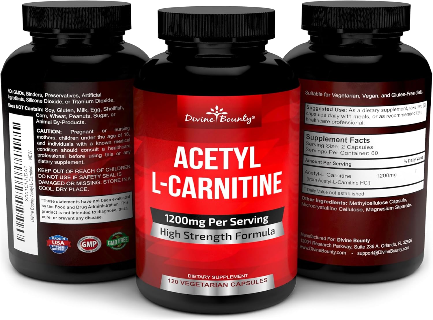 Divine Bounty Acetyl L-Carnitine Capsules 1200Mg Per Serving - L Carnitine Supplement 120 Vegetarian Capsules : Health & Household