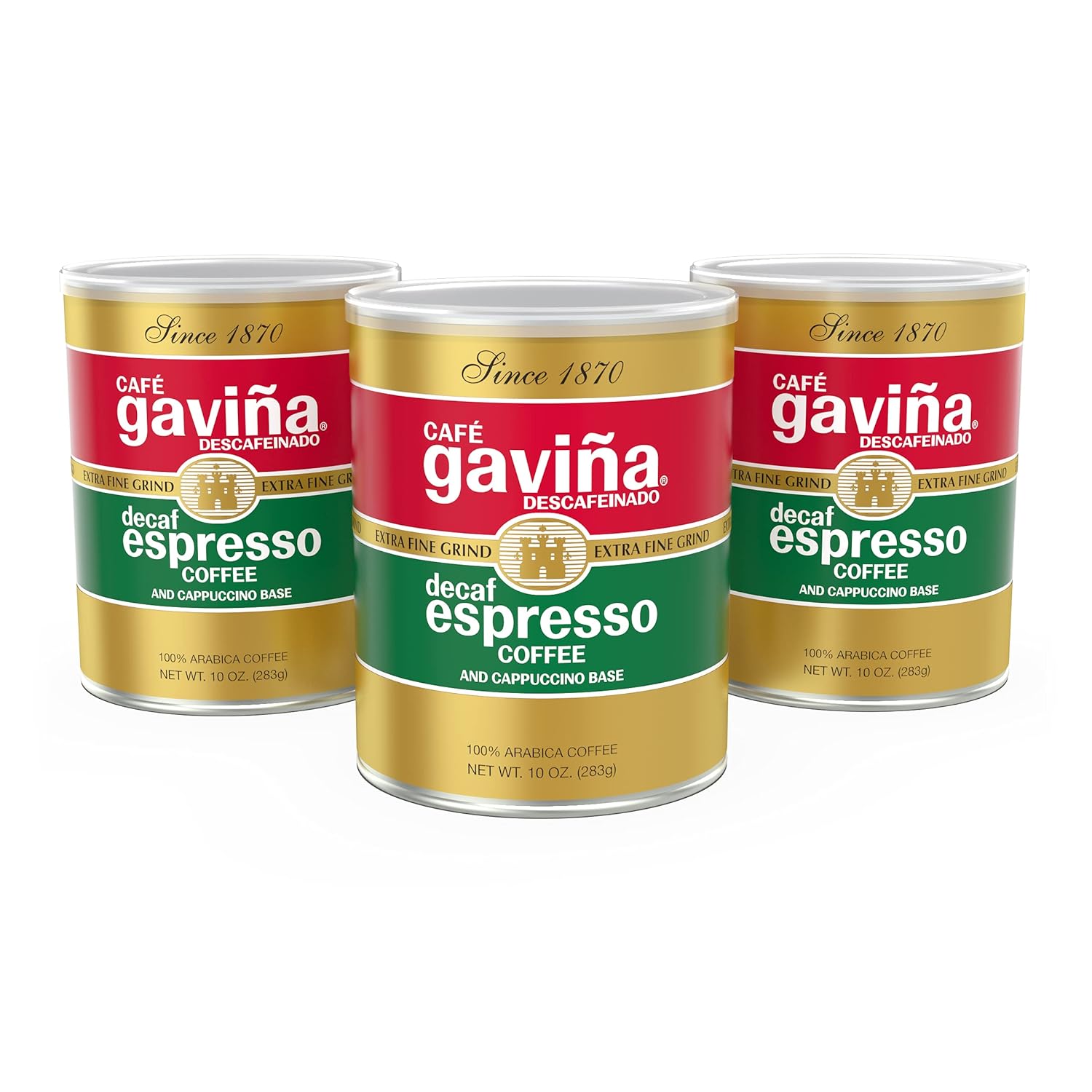 Café Gaviña Decaf Espresso Extra Fine Ground Coffee: 100% Arabica, Dark Roast, Low Acidity, Chocolate Notes - 3 X 10 Oz Cans