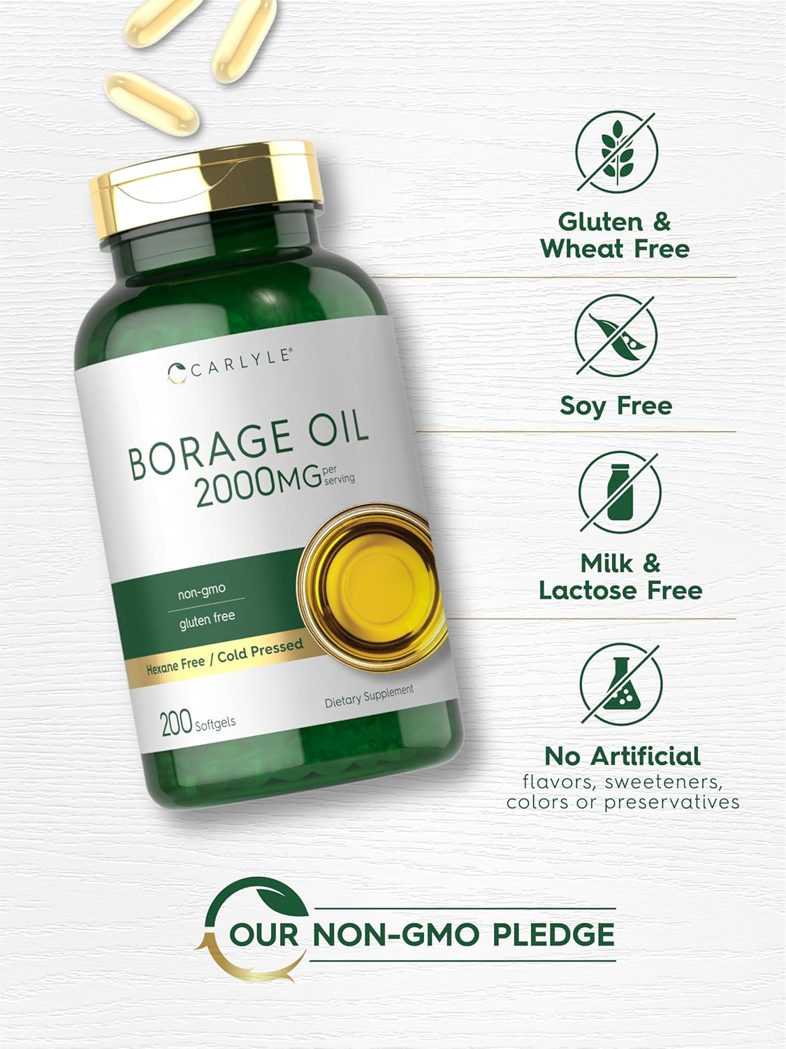 Carlyle Borage Oil Capsules | 2000mg | 200 Softgels | 320mg of GLA | Cold Pressed Seed Oil Supplement | Hexane Free | Non-GMO & Gluten Free : Health & Household