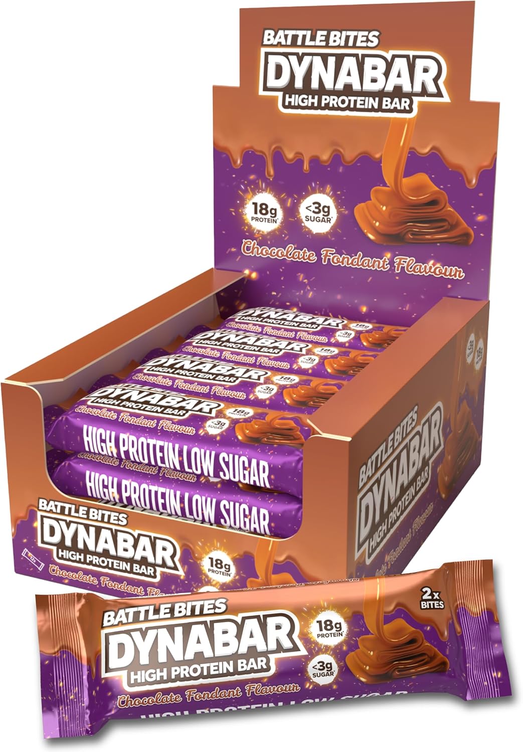 Battle Bites Dynabar High Protein Bars 12 X 60G - Chocolate Fondant Flavour - Low In Sugar, Free From Preservatives, Non-Gmo, Suitable For Vegetarians - 18G Protein + 242 Calories Per Bar - Made In Uk