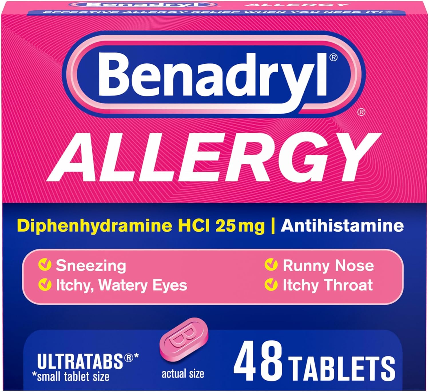 Benadryl Ultratabs Antihistamine Allergy Relief Medicine, 25 Mg Diphenhydramine Hcl Tablets For Relief Of Cold & Allergy Symptoms Such As Sneezing, Runny Nose, & Itchy Eyes & Throat, 48 Ct