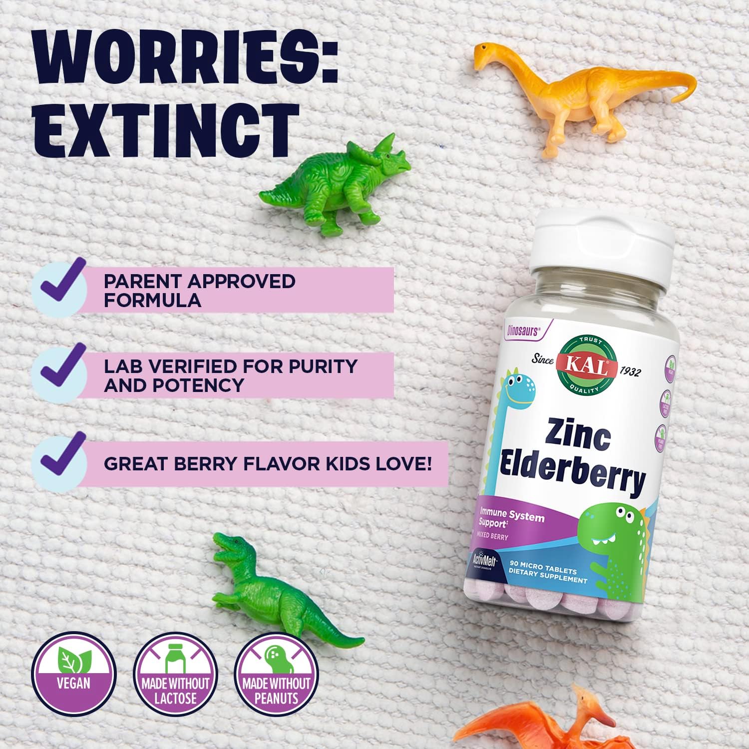 KAL Kids Zinc Elderberry Dinosaurs, Immune Support Supplement* for Children w/ Sambucus Elderberry, Fast Dissolving Mixed Berry ActivMelts, Fun, Tasty Dino Shapes, Vegan, 90 Servings, 90 Micro Tablets : Health & Household