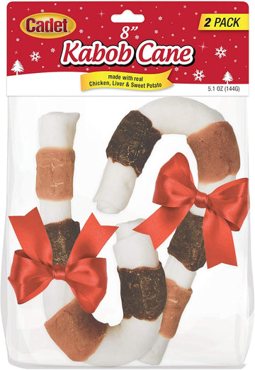 Cadet Triple Flavored Rawhide Dog Shish Kabob Candy Cane Dog Treat Chicken, Liver & Sweet Potato 8"