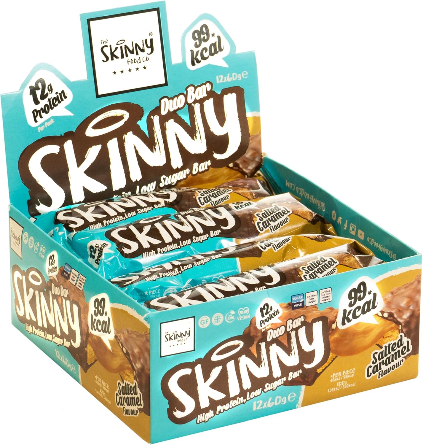 Skinny Food Co Low Calorie Protein Bars 12 X 60G - 12G Protein - Salted Caramel Low Sugar Protein Bars - Vegetarian & Vegan - Gluten-Free & Coeliac Friendly - High Protein Snacks