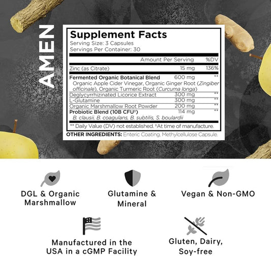 Leaky Gut Supplements - Advanced Formula with Bioavailable L Glutamine, Zinc, Turmeric, Licorice Root - Bowel and Stomach Probiotics & Fermented Prebiotics - Vegan, Non-GMO - 90 Capsules
