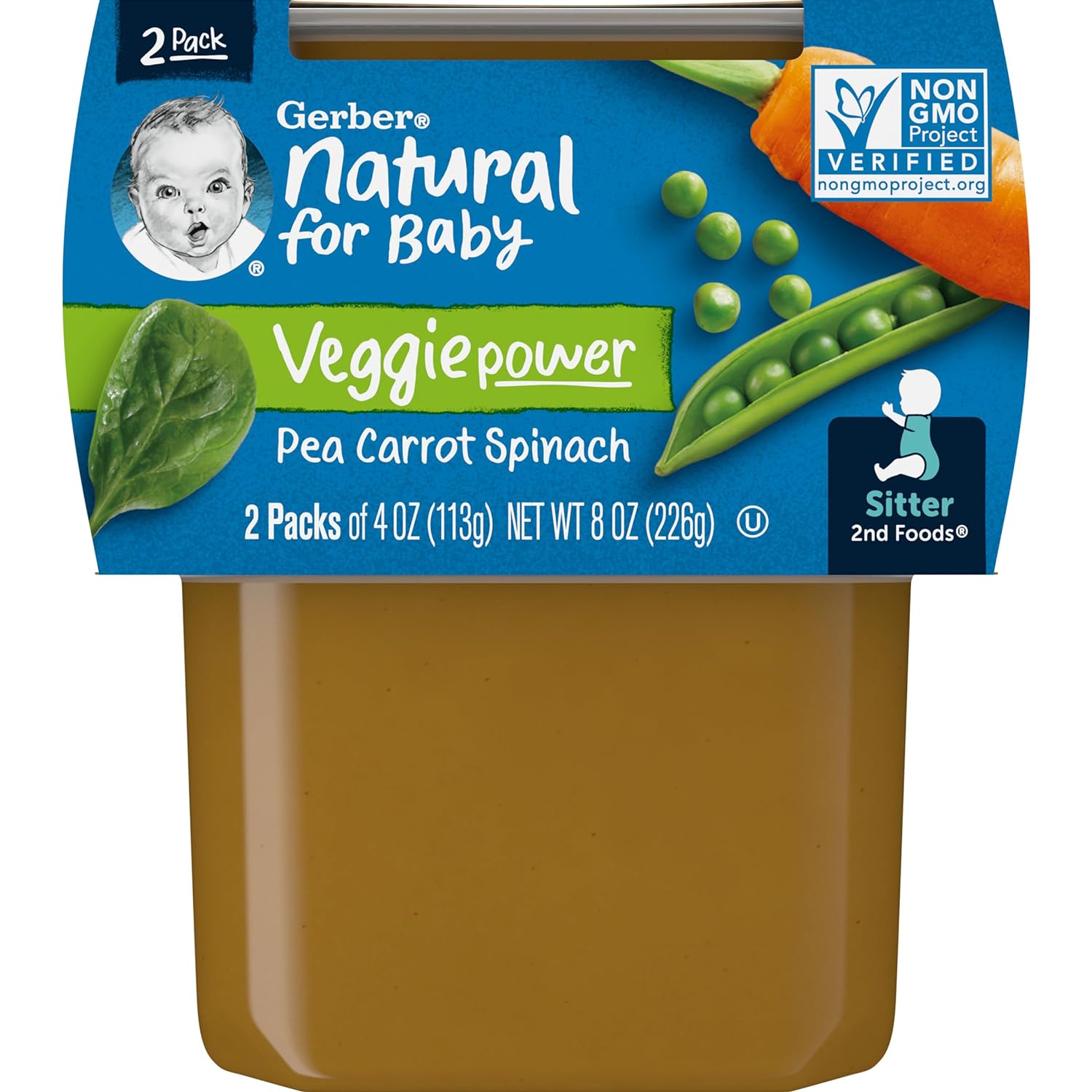 Gerber 2nd Foods Pea, Carrot & Spinach Pureed Baby Food, 4 Ounce Tubs, 2 Count (Pack of 8)